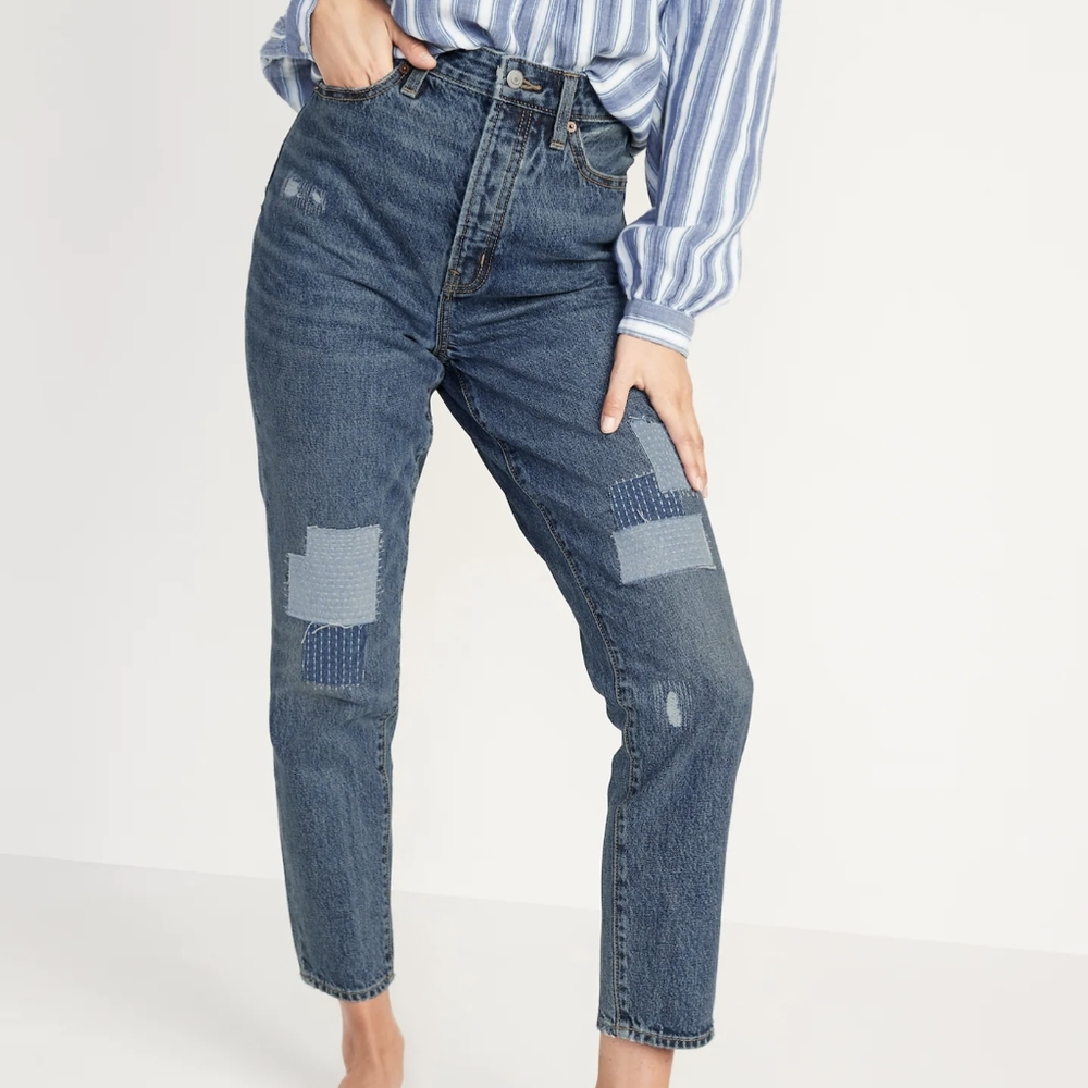 Old Navy High-Waisted Button-fly O.G. Straight Patchwork Jeans, size 10/12
